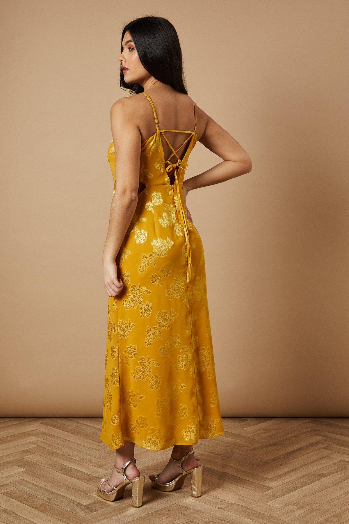 Oasis Jacquard Midi Cut Out Detail Dress Ochre image 3