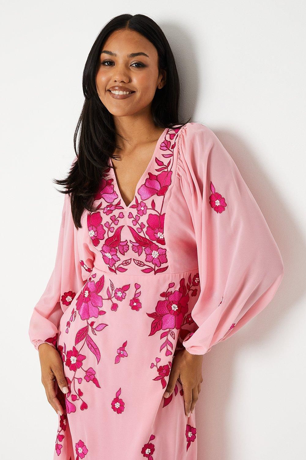 Coast Embroidered Long Sleeve Midi Dress Pink image 4