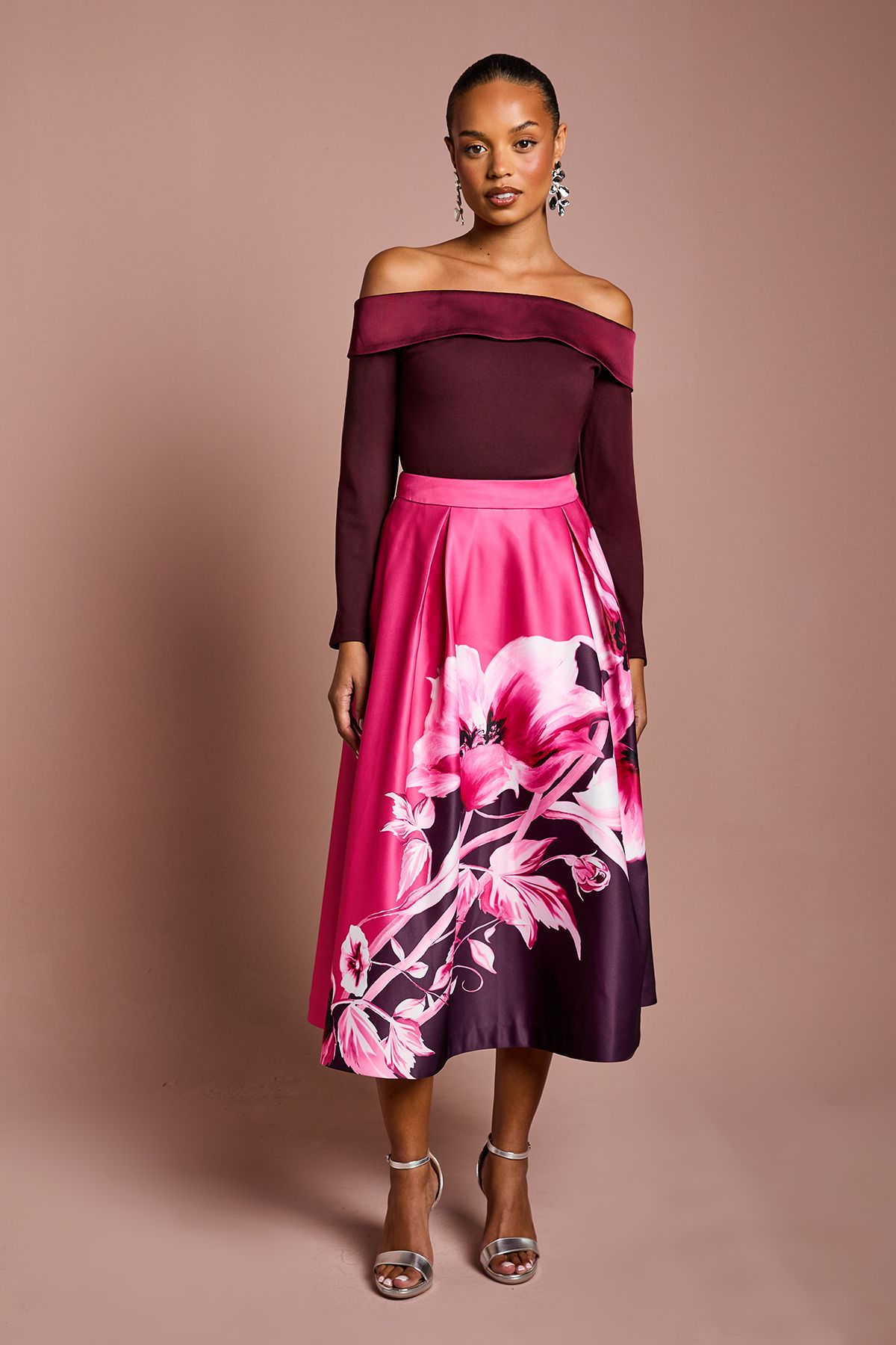 Coast Petite Placement Print Satin Midi Skirt Berry image 1