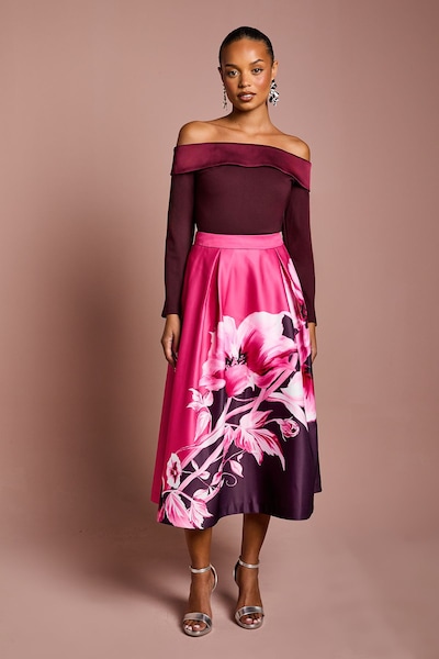 Coast Petite Placement Print Satin Midi Skirt Berry