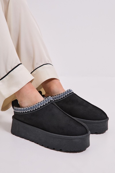 Dorothy Perkins Georgina Faux Suede Fur Trim Flatform Closed Toe Slipper Natural Black