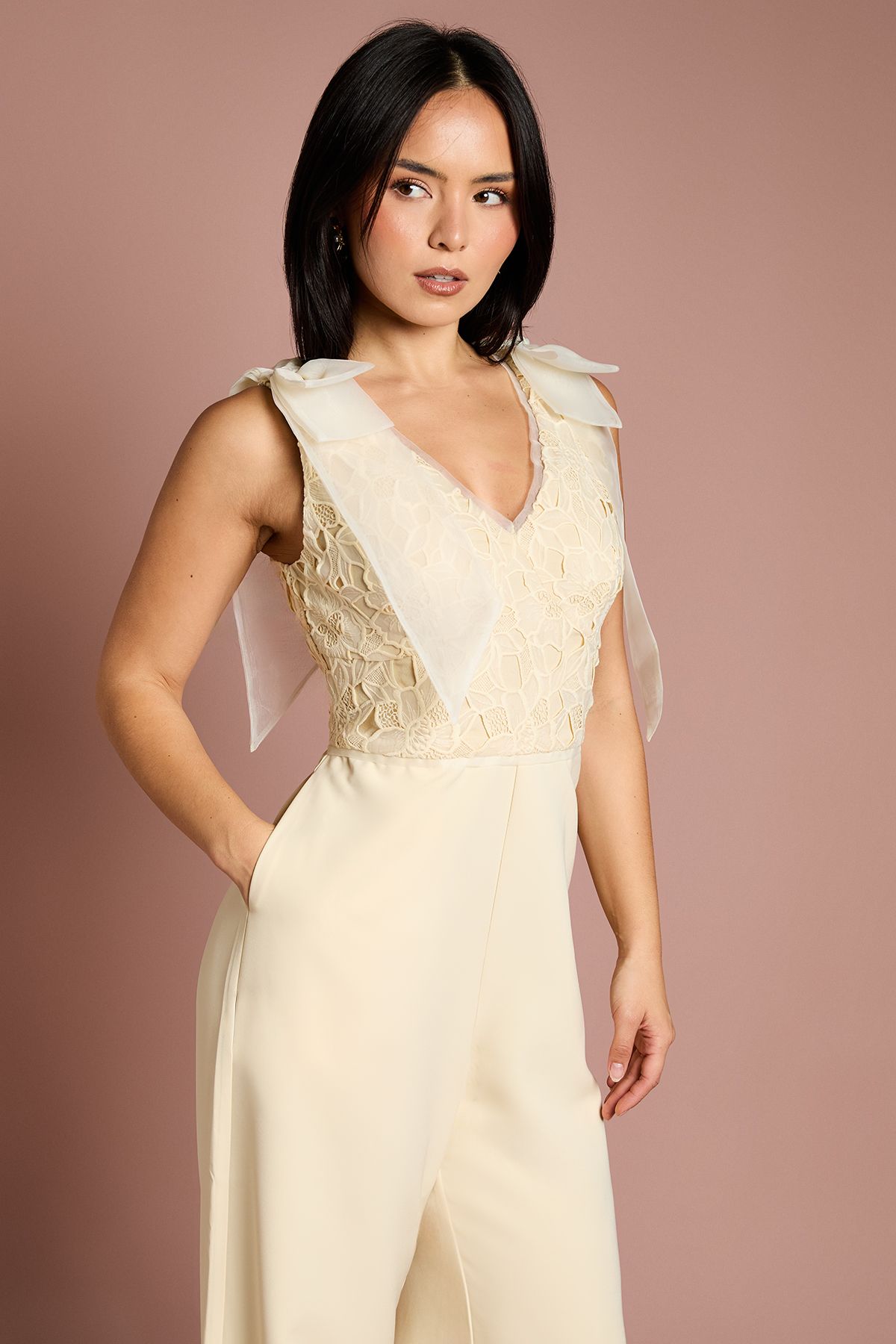 Coast Petite Bow Shoulder Lace Jumpsuit Lemon image 4