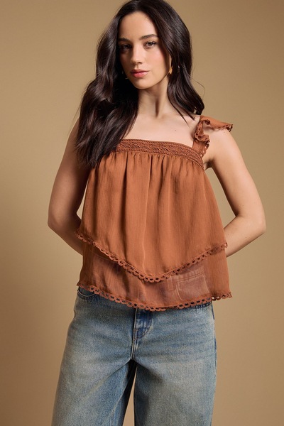 Oasis Tiered Frill Sleeve Western Cami Top Chocolate