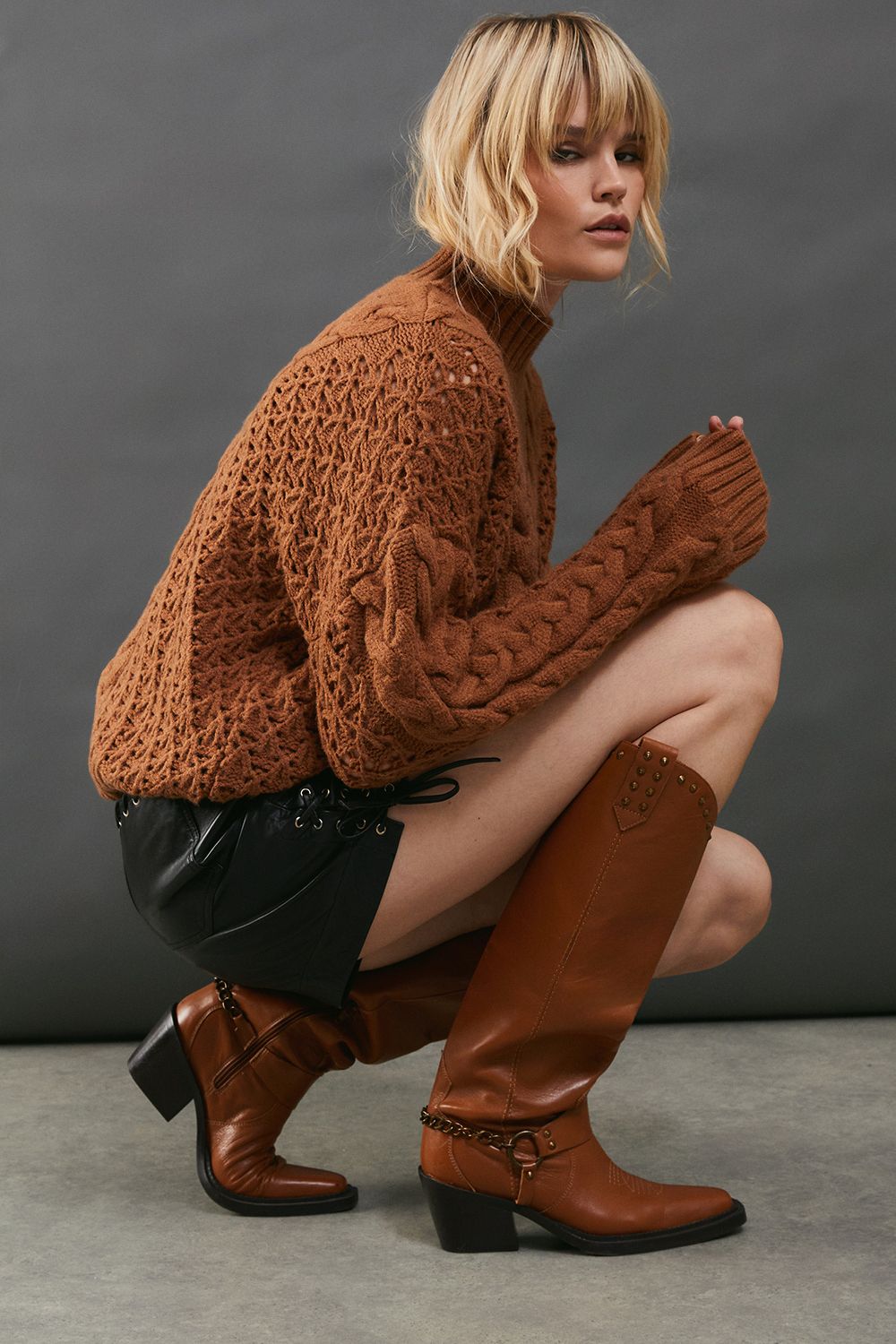 Warehouse Chunky Cable Knit Roll Neck Jumper Tan image 2