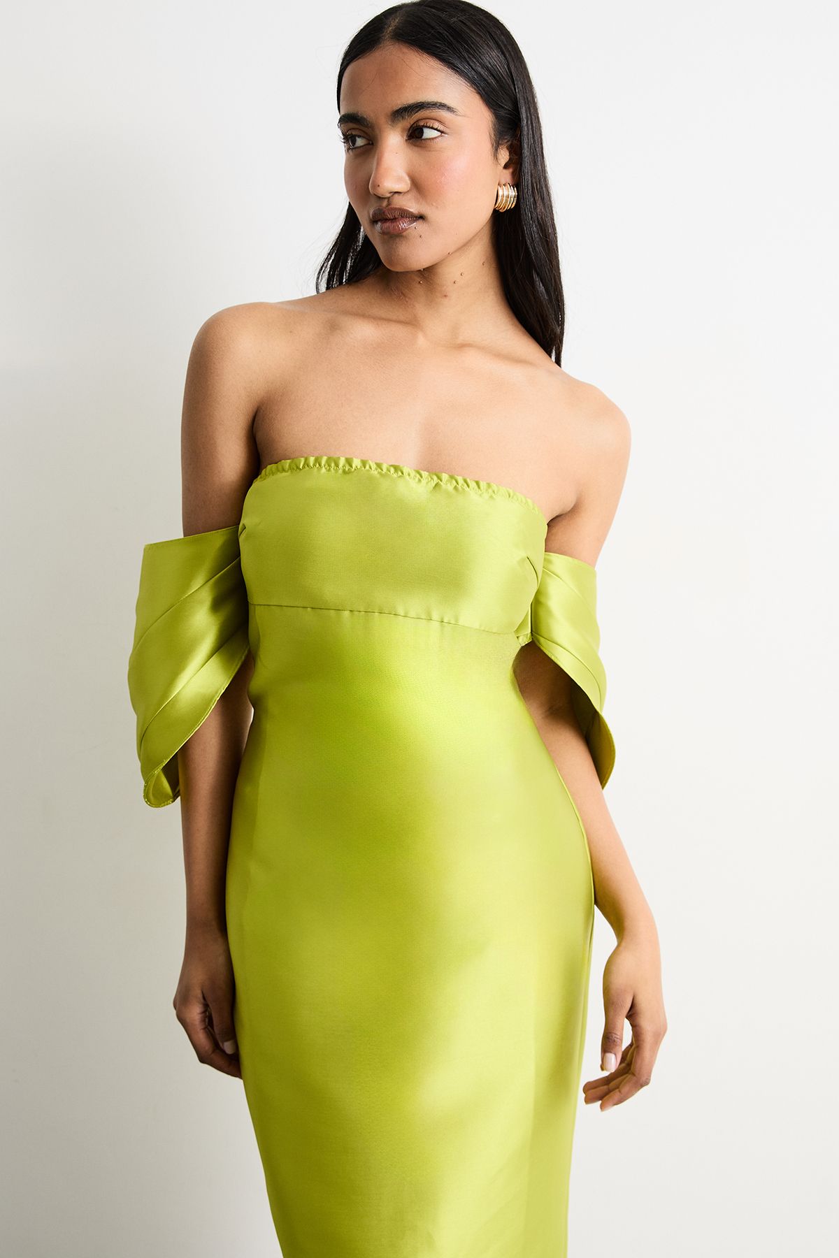 Warehouse Structured Puff Sleeve Bardot Midi Dress Chartreuse image 1
