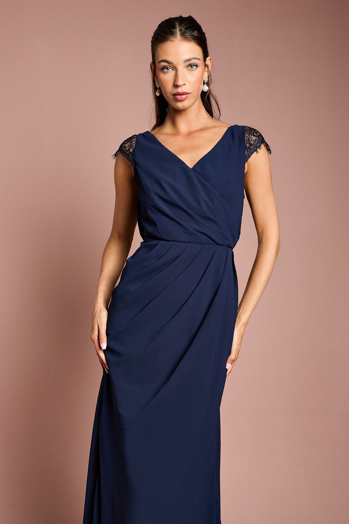 Coast Georgette and Lace Detail Wrap Effect Maxi Bridesmaid Dress Navy image 2