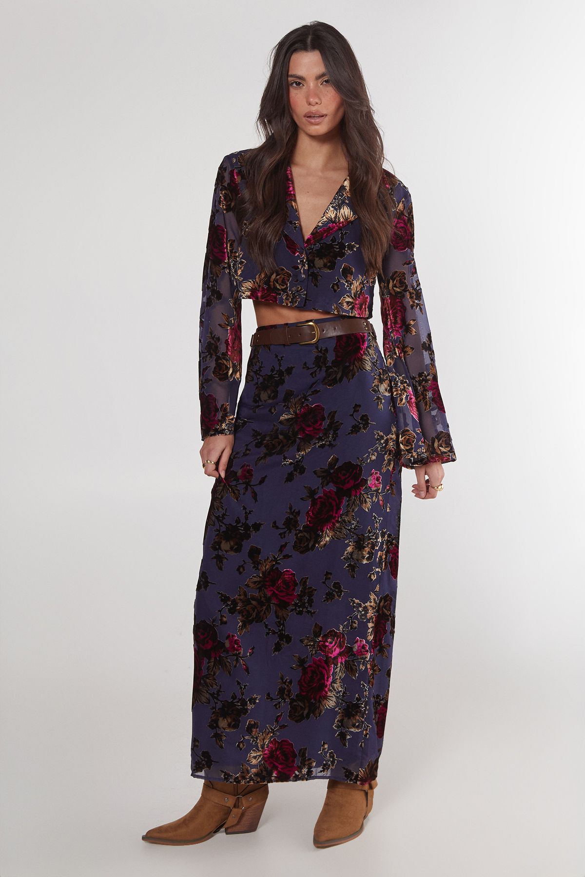 NastyGal Floral Devore Maxi Skirt Blue image 1