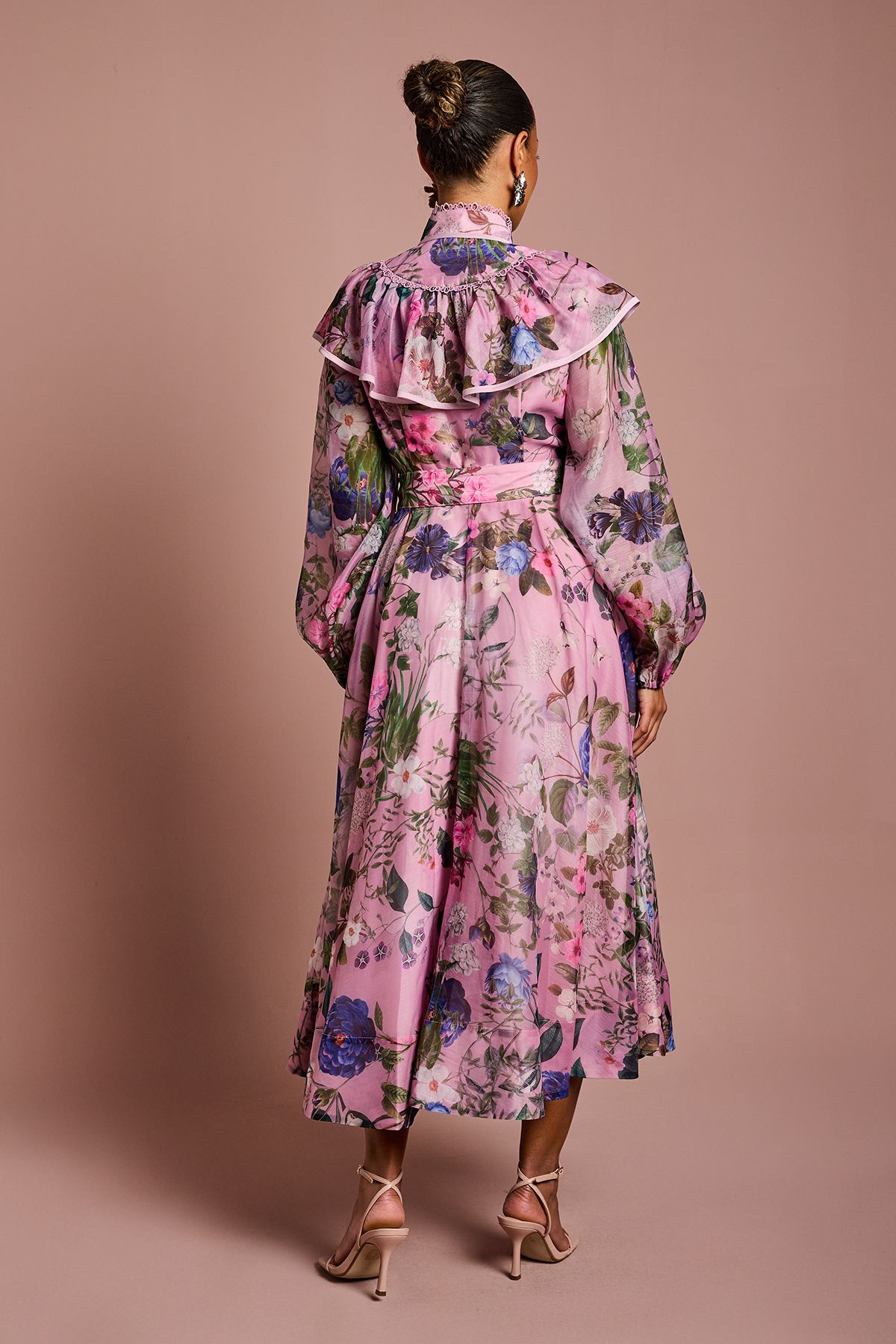 Coast Petite Printed Midi Dress With Organza Trim Pink image 3