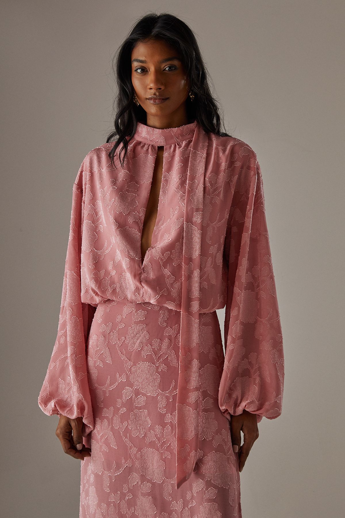 Warehouse Chiffon Jacquard High Neck Slash Front Blouse Pink image 1