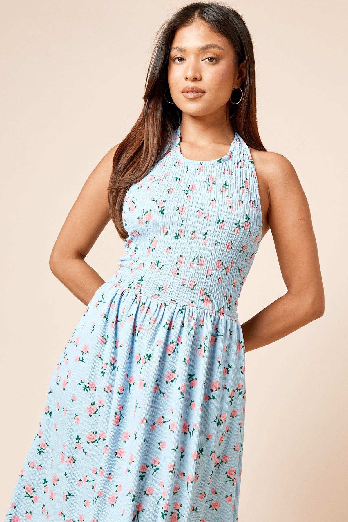 Dorothy Perkins Petite Blue Floral Shirred Bodice Halterneck Jersey Midi Dress Blue image 2