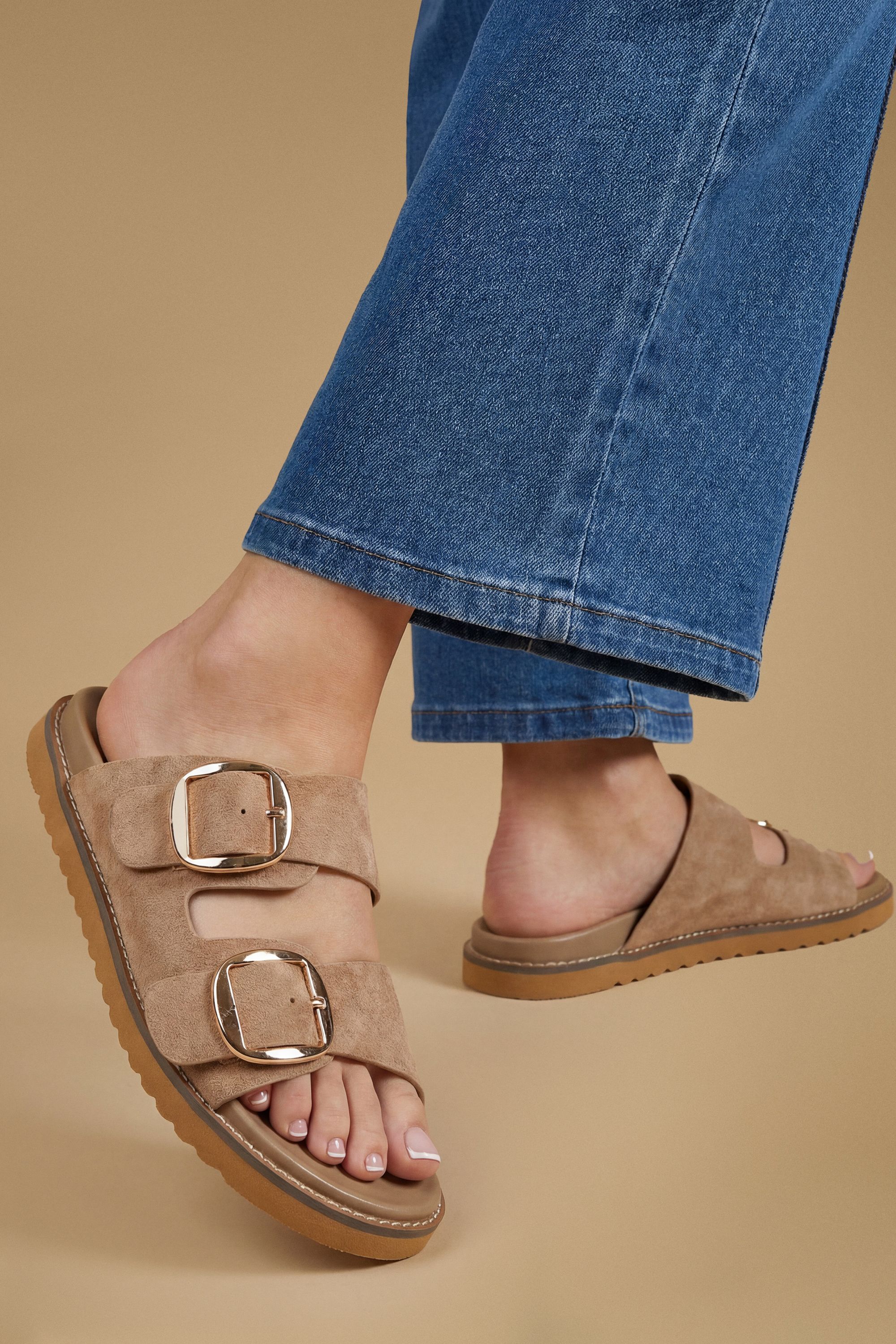 Oasis Louisa Faux Suede Double Buckle Strap Footbed Sandals Taupe