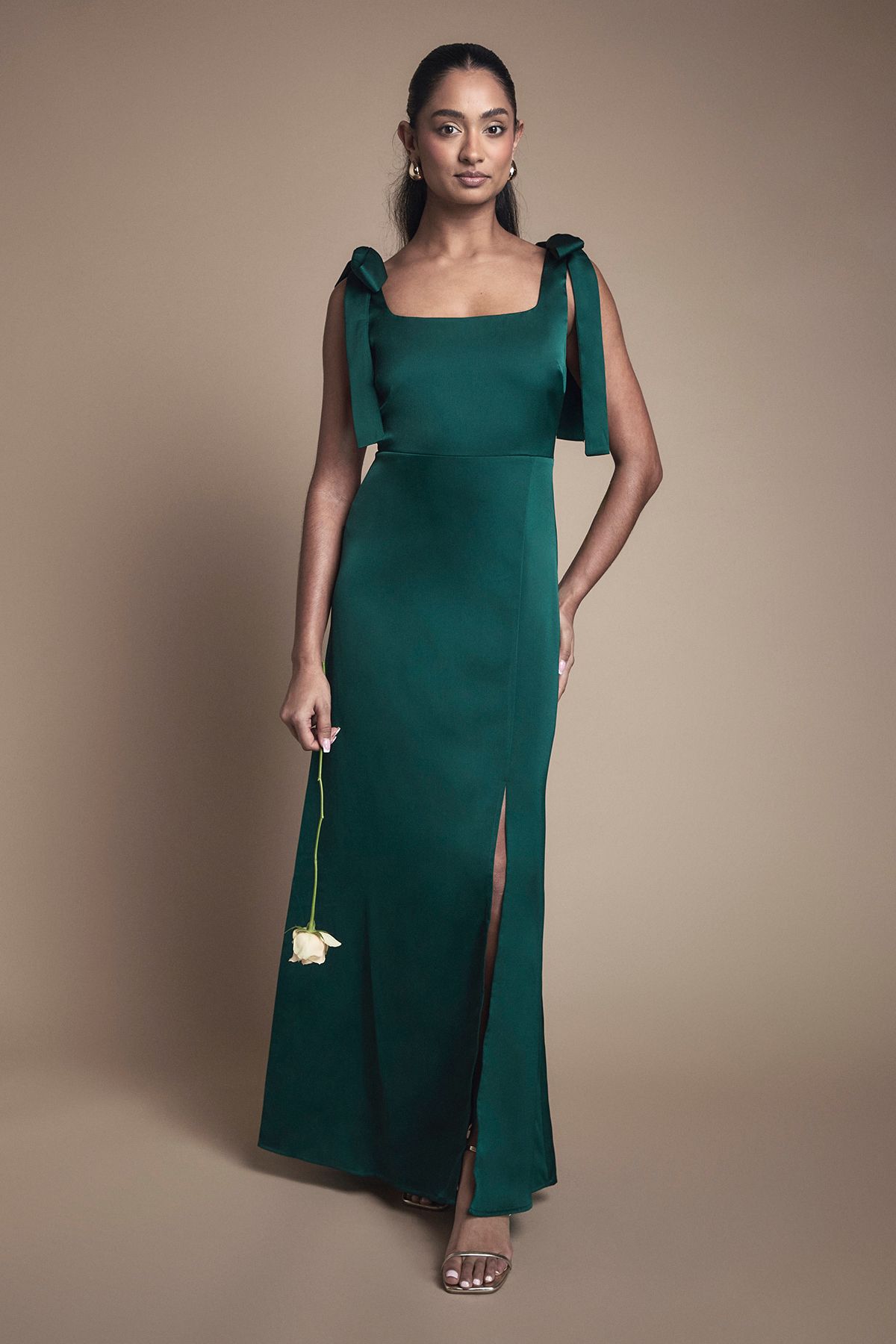 Oasis Emerald Satin Tie Shoulder Midi Bridesmaid Dress Emerald