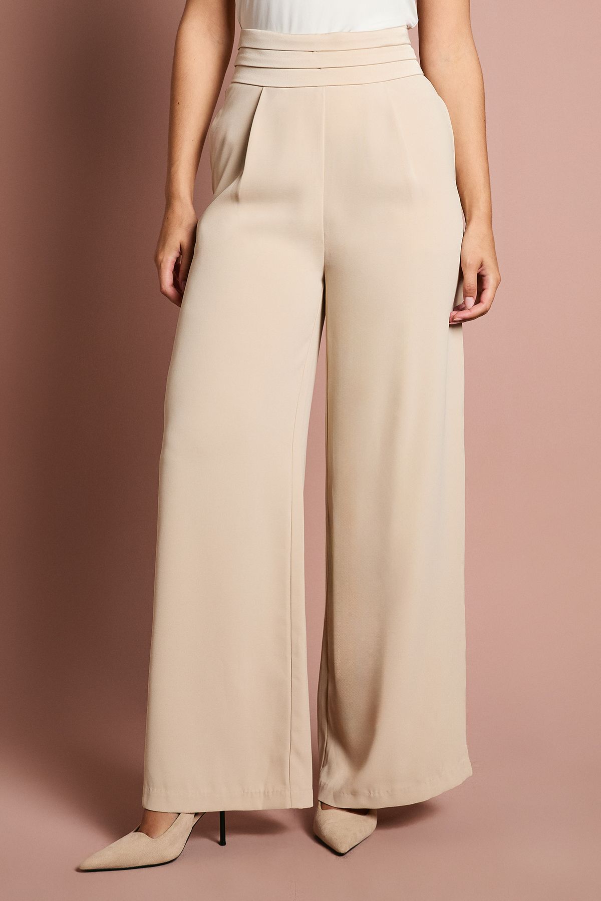 Coast Wide Leg Trouser With Satin Pleated Waistband Champagne image 2