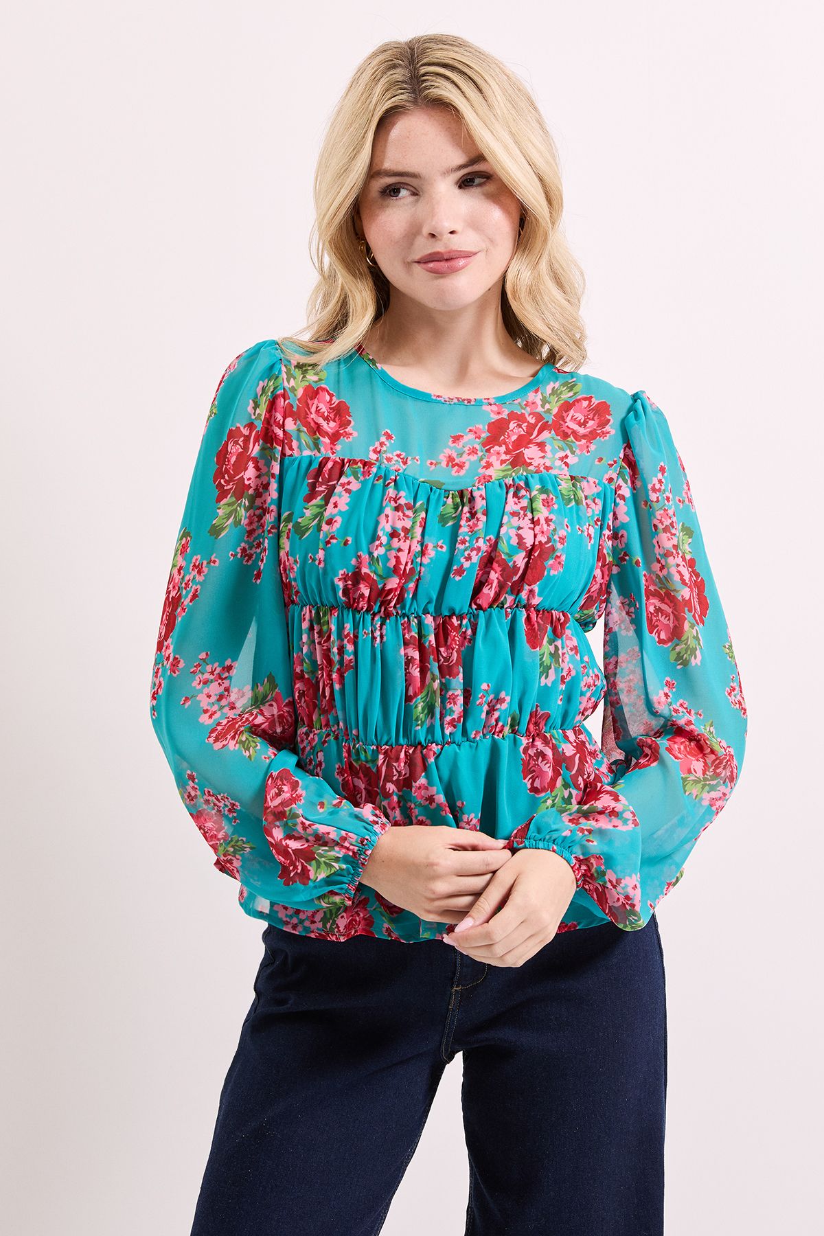 Dorothy Perkins Floral Sheer Yoke Printed Chiffon Shirred Top Floral image 3