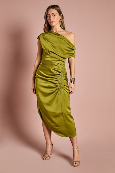 Coast Petite Satin Ruched One Shoulder Asymmetric Hem Midi Dress Olive