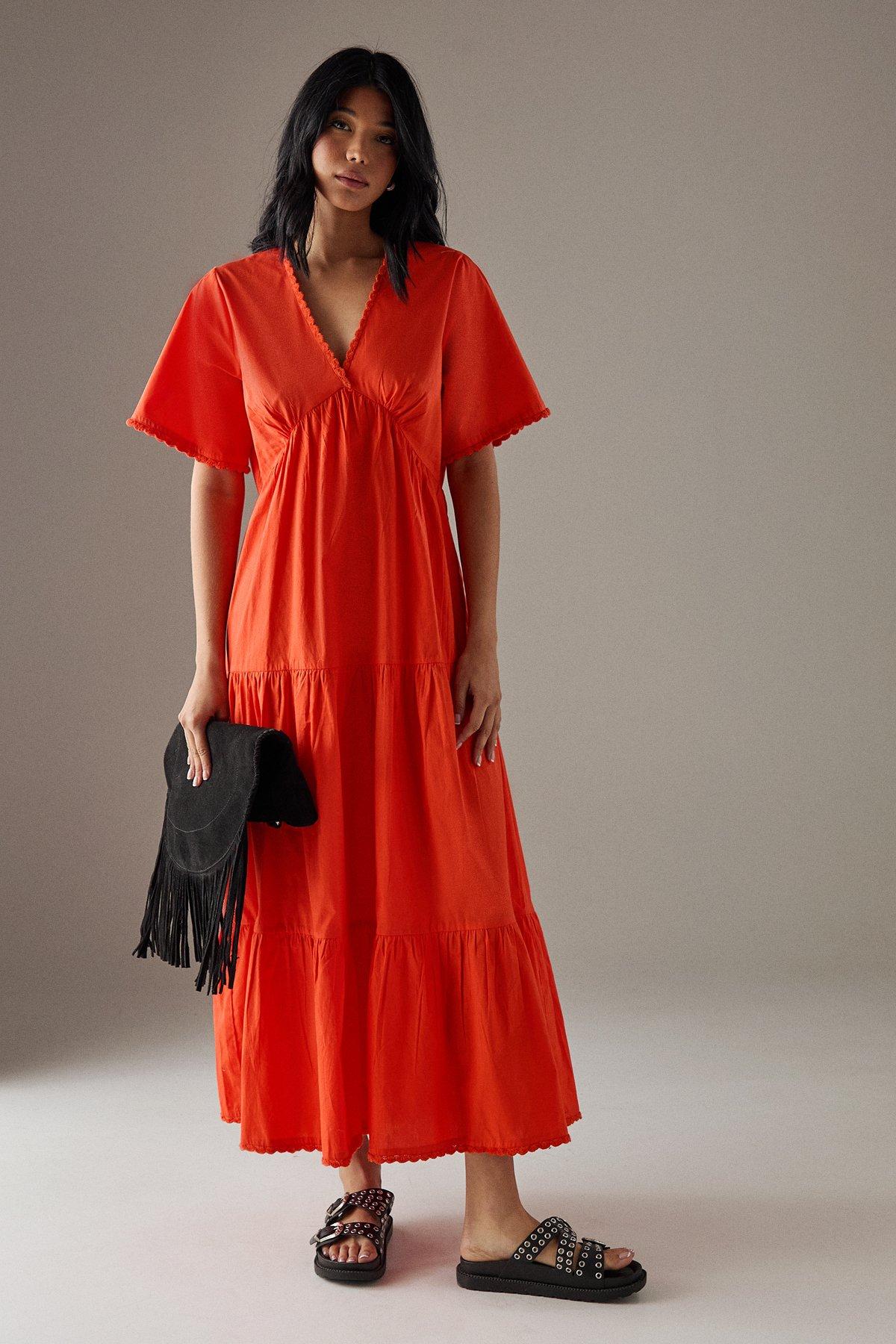 Warehouse Poplin Whipstitch Trim Midi Smock Dress Red image 1