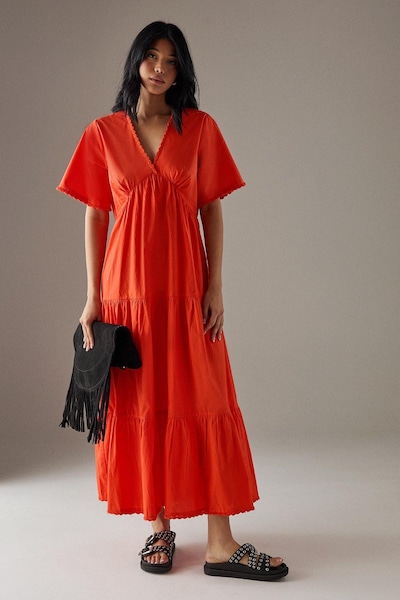 Warehouse Poplin Whipstitch Trim Midi Smock Dress Red