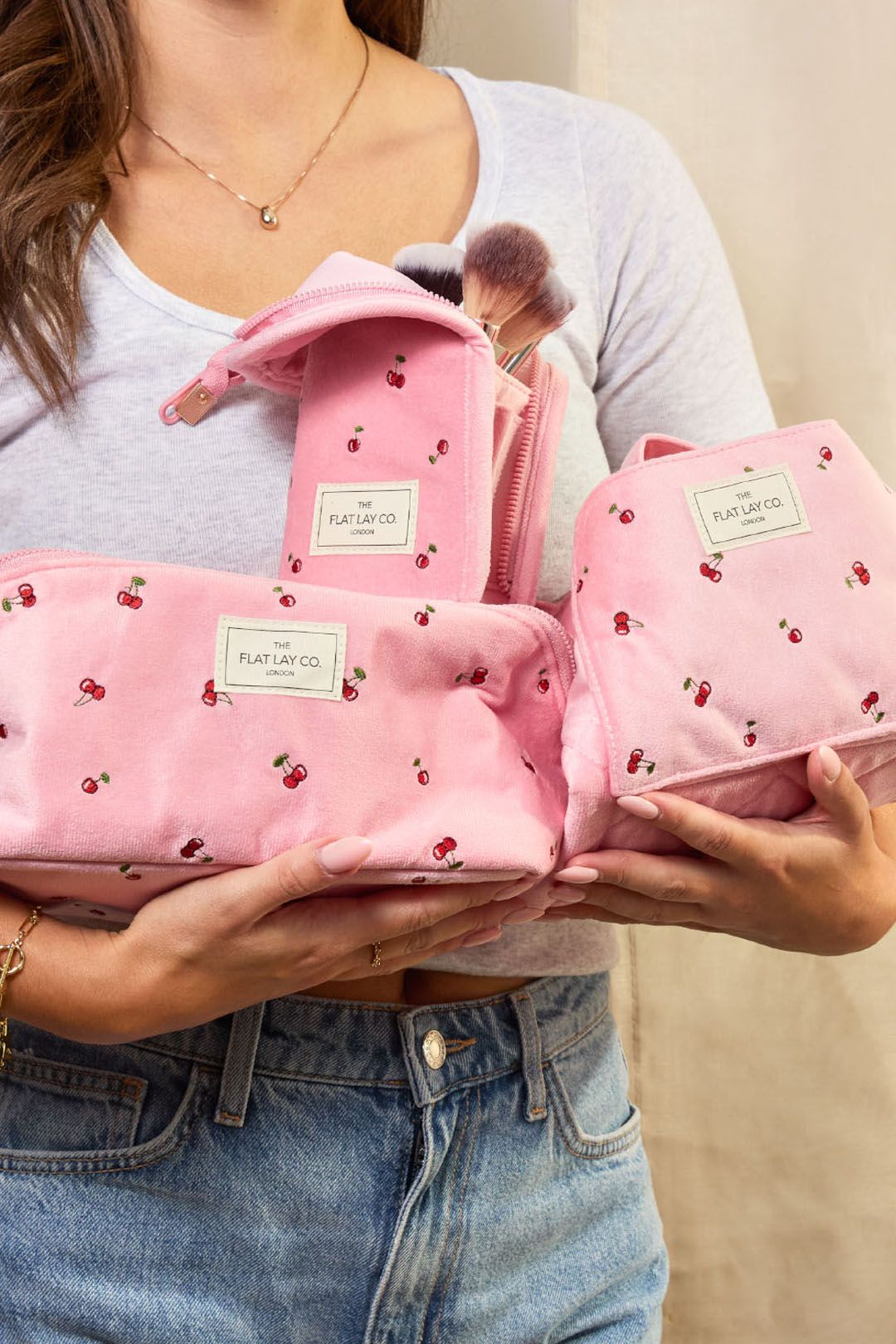 The Flat Lay Co Drawstring Makeup Bag - Ditsy Cherries Pink Embroidered Velvet Multi image 2