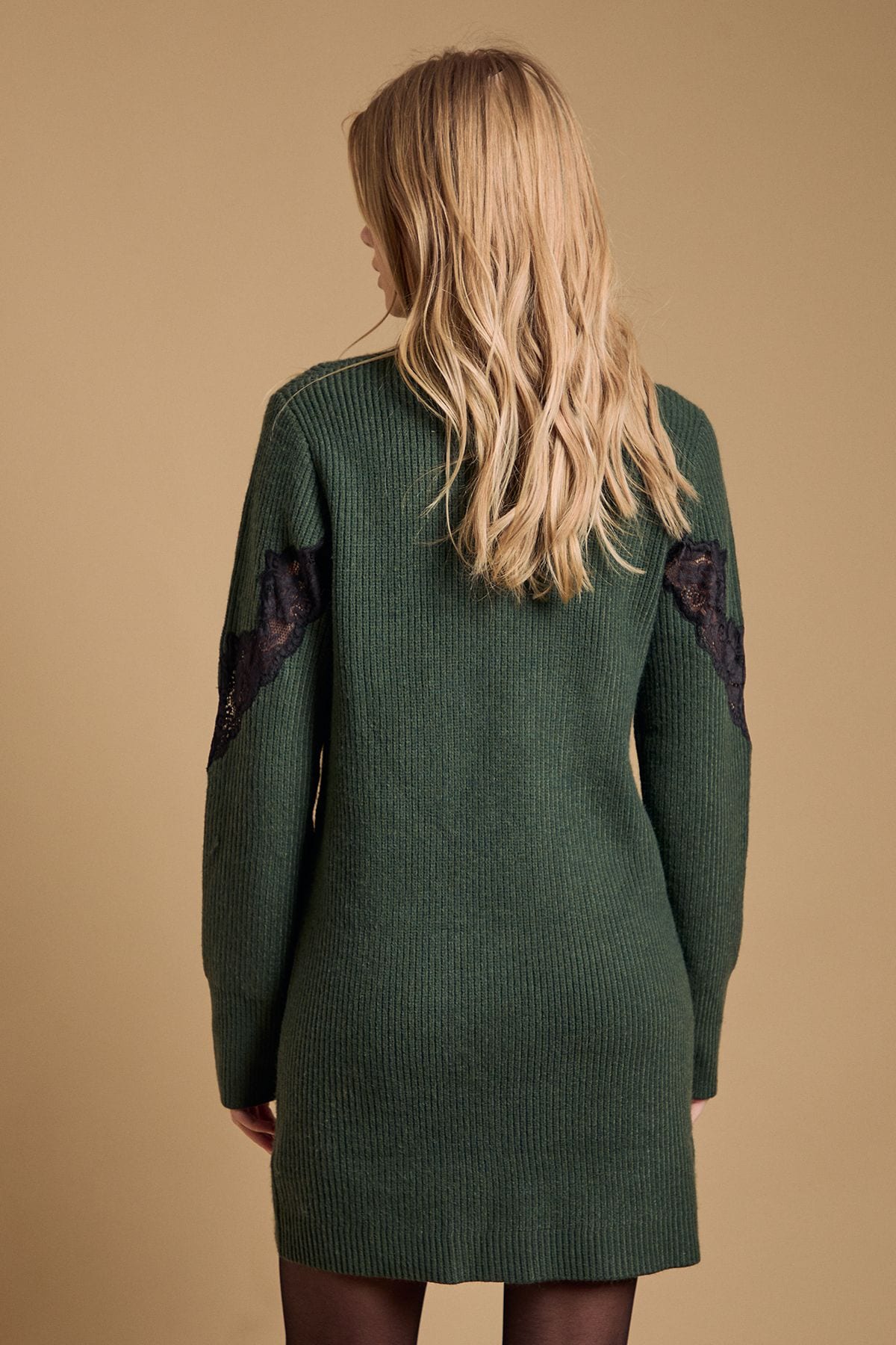 Oasis Contrast Lace Stitch High Neck Knitted Mini Dress Khaki image 3