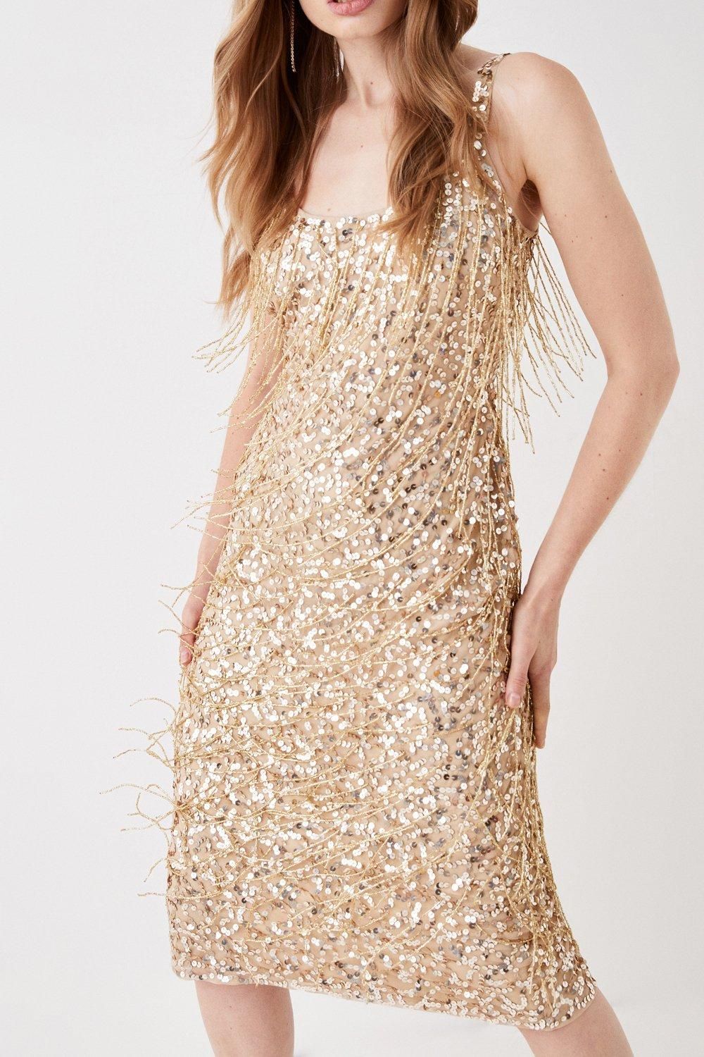 Coast Sequin & Bead Midi Cami Dress Gold image 2