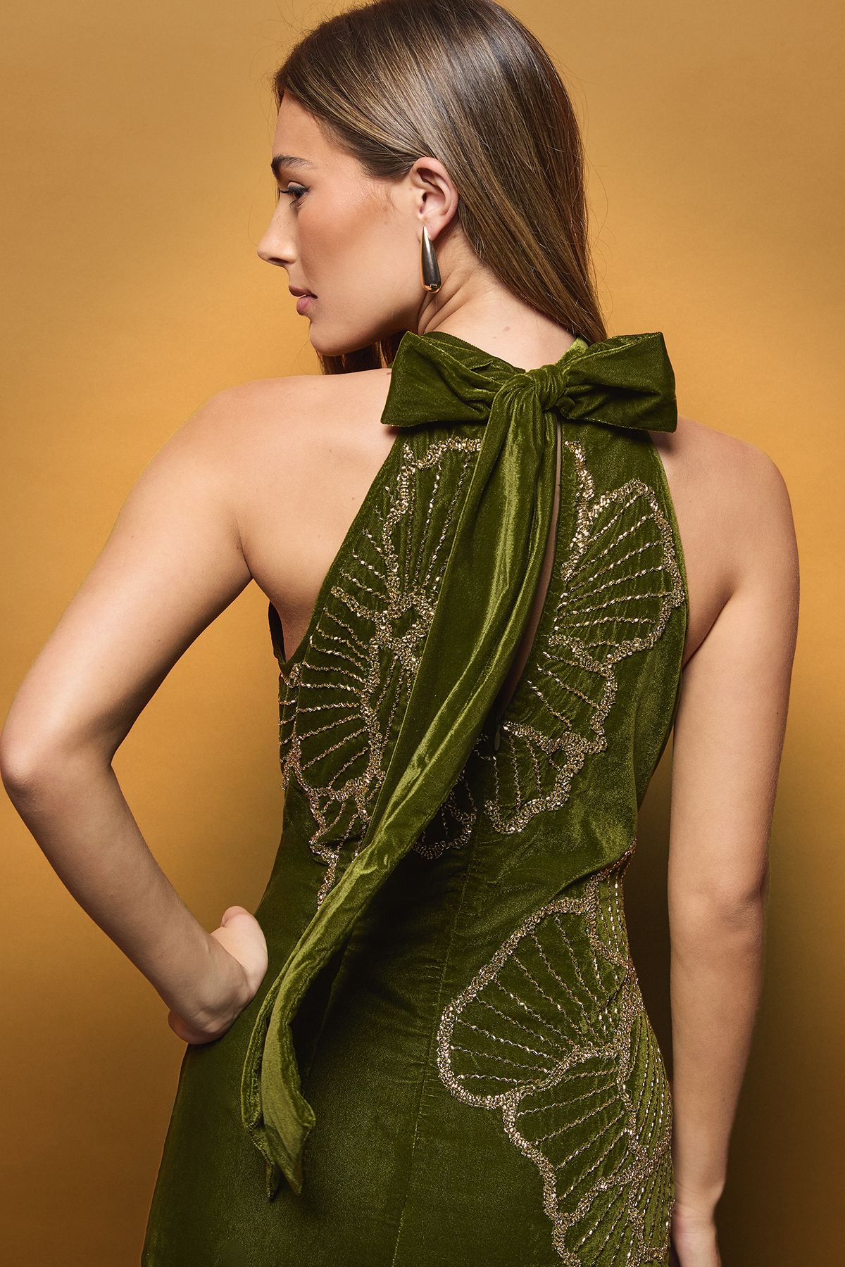 Coast Velvet Halter Neck Embellished Floral Maxi Dress Olive image 2