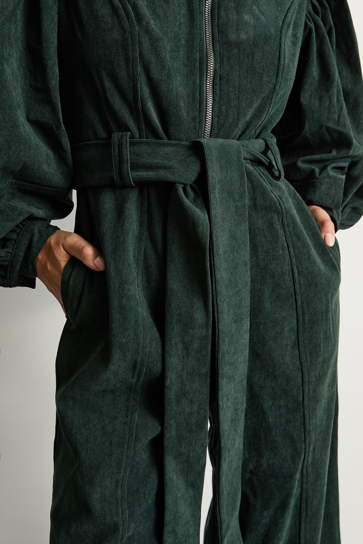 Warehouse Petite Cord Zip Through Belted Jumpsuit Dark Green image 4