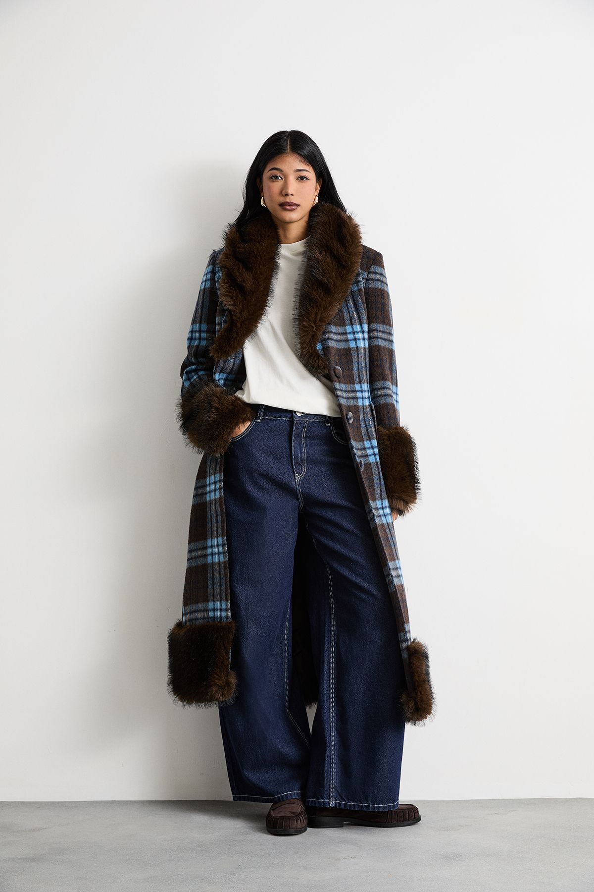 Warehouse Faux Fur Collared Check Belted Coat Cobalt image 1
