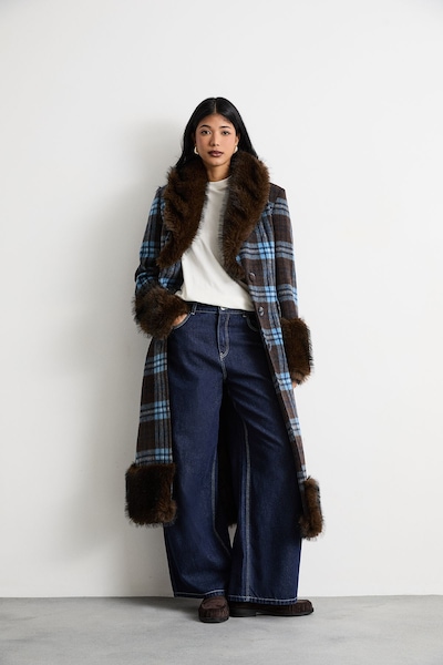 Warehouse Faux Fur Collared Check Belted Coat Cobalt
