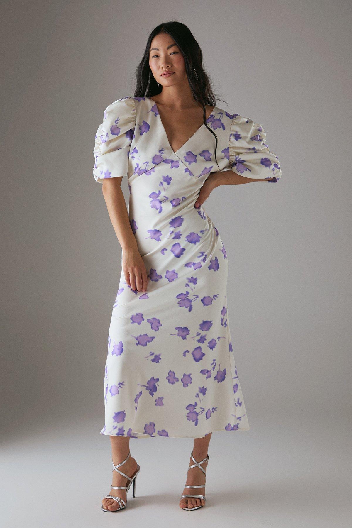Warehouse Petite Satin Pleat Volume Sleeve Plunge Bias Midi Dress Lilac image 1