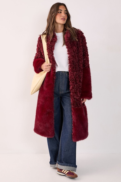 NastyGal Mixed Faux Fur Borg Coat Burgundy