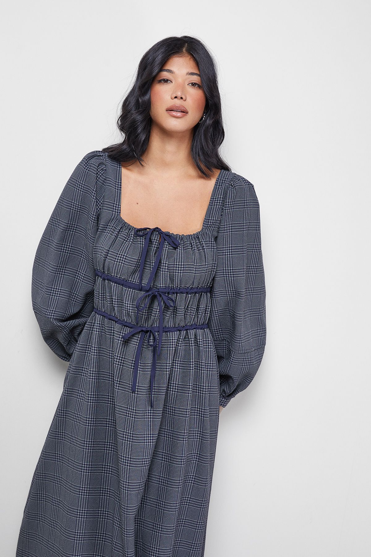 Warehouse Check Tie Front Square Midi Dress Khaki image 2