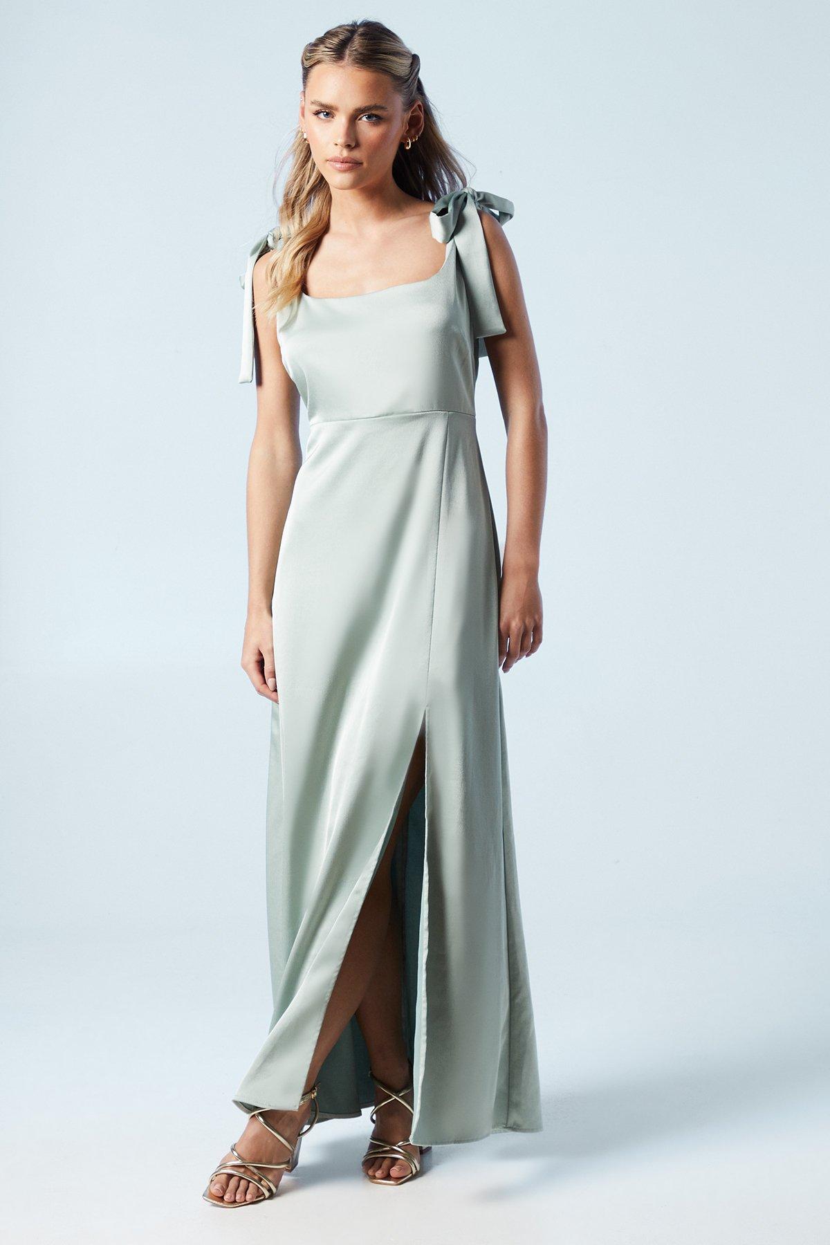 Oasis Petite Satin Tie Shoulder Midi Bridesmaids Dress Sage image 1
