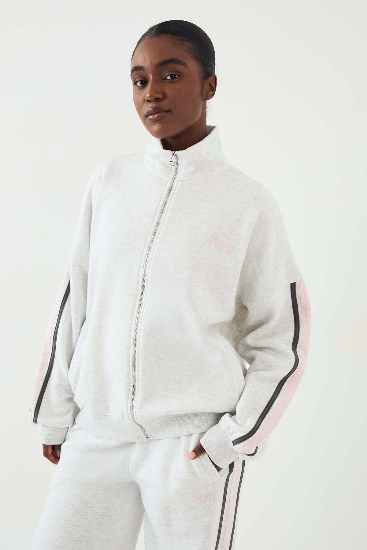 DSGN Studio DSGN Studio Sport Colour Block Funnel Neck Zip Through Sweatshirt Ash Grey image 1