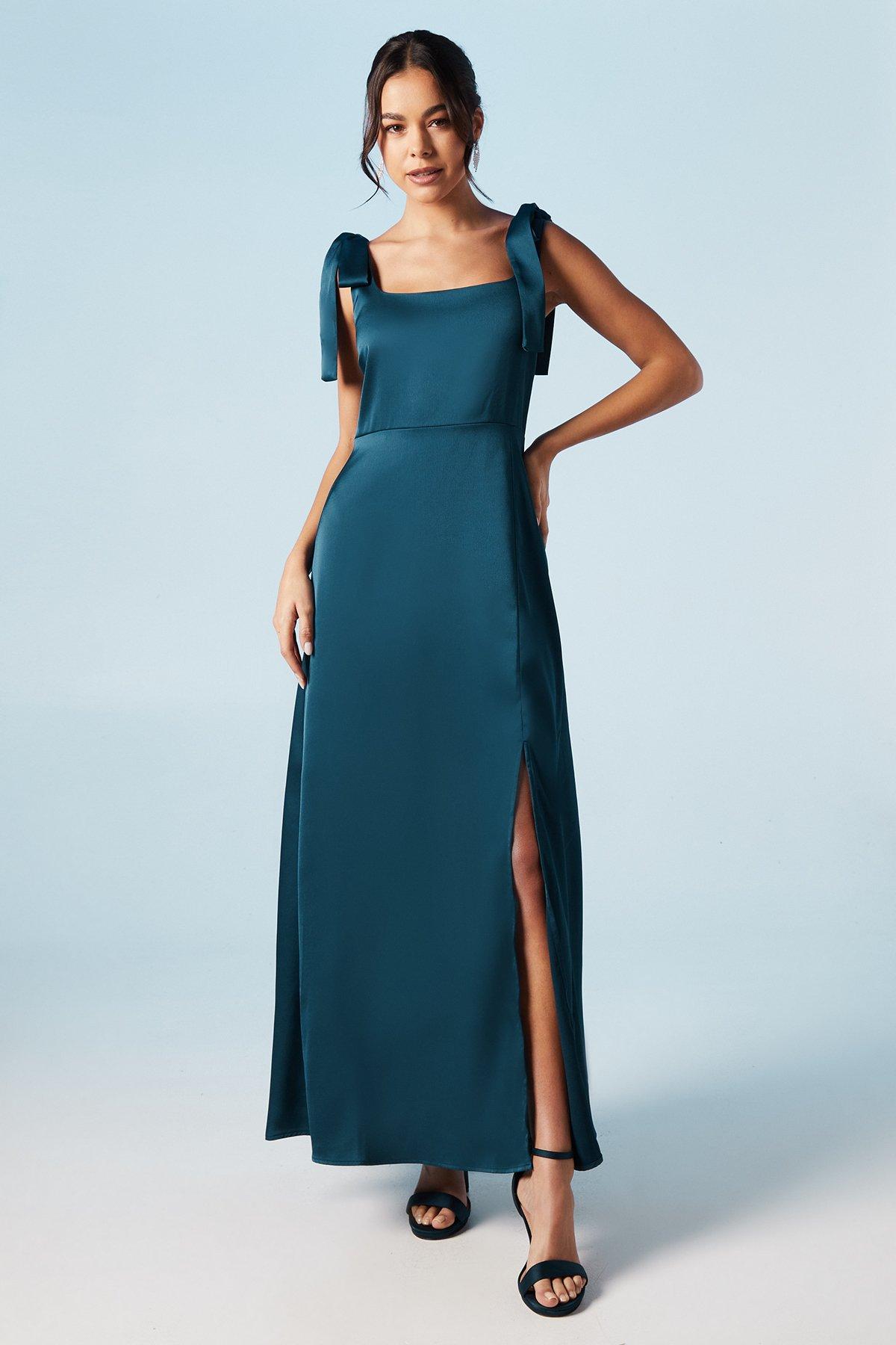 Oasis Satin Tie Shoulder Midi Bridesmaids Dress Navy image 1