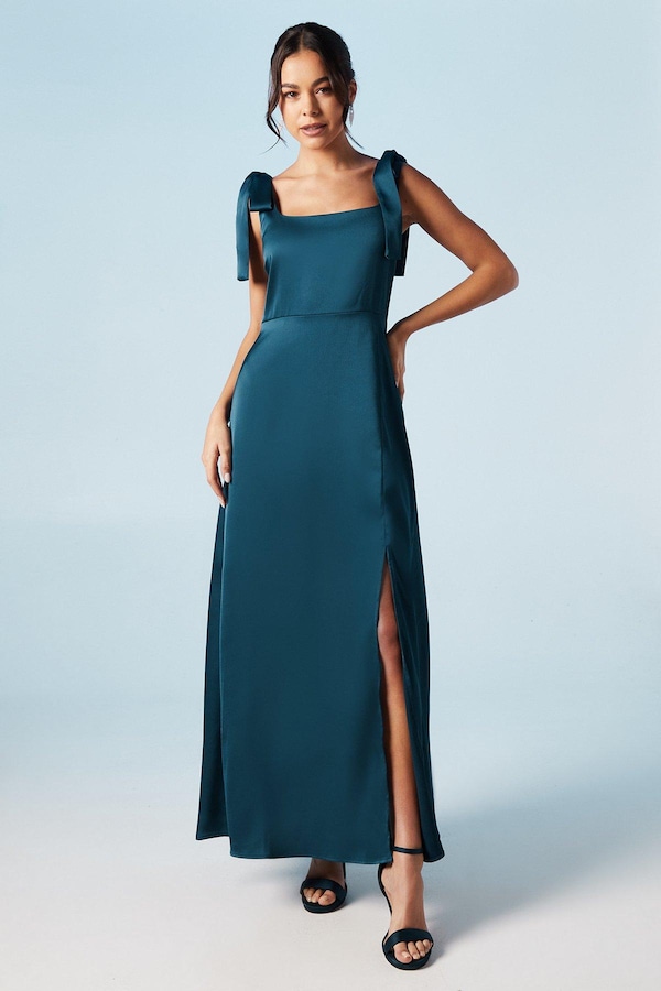 Oasis Satin Tie Shoulder Midi Bridesmaids Dress Navy
