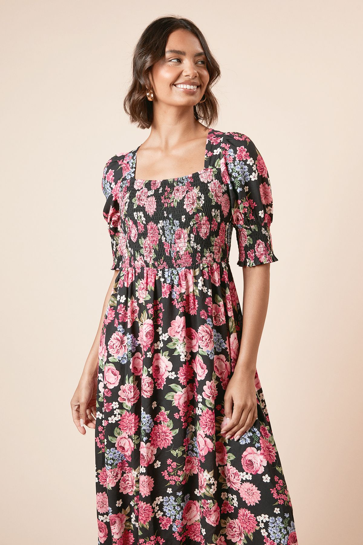 Dorothy Perkins Black Floral Shirred Bodice Puff Sleeve Square Neck Midi Dress Black image 2