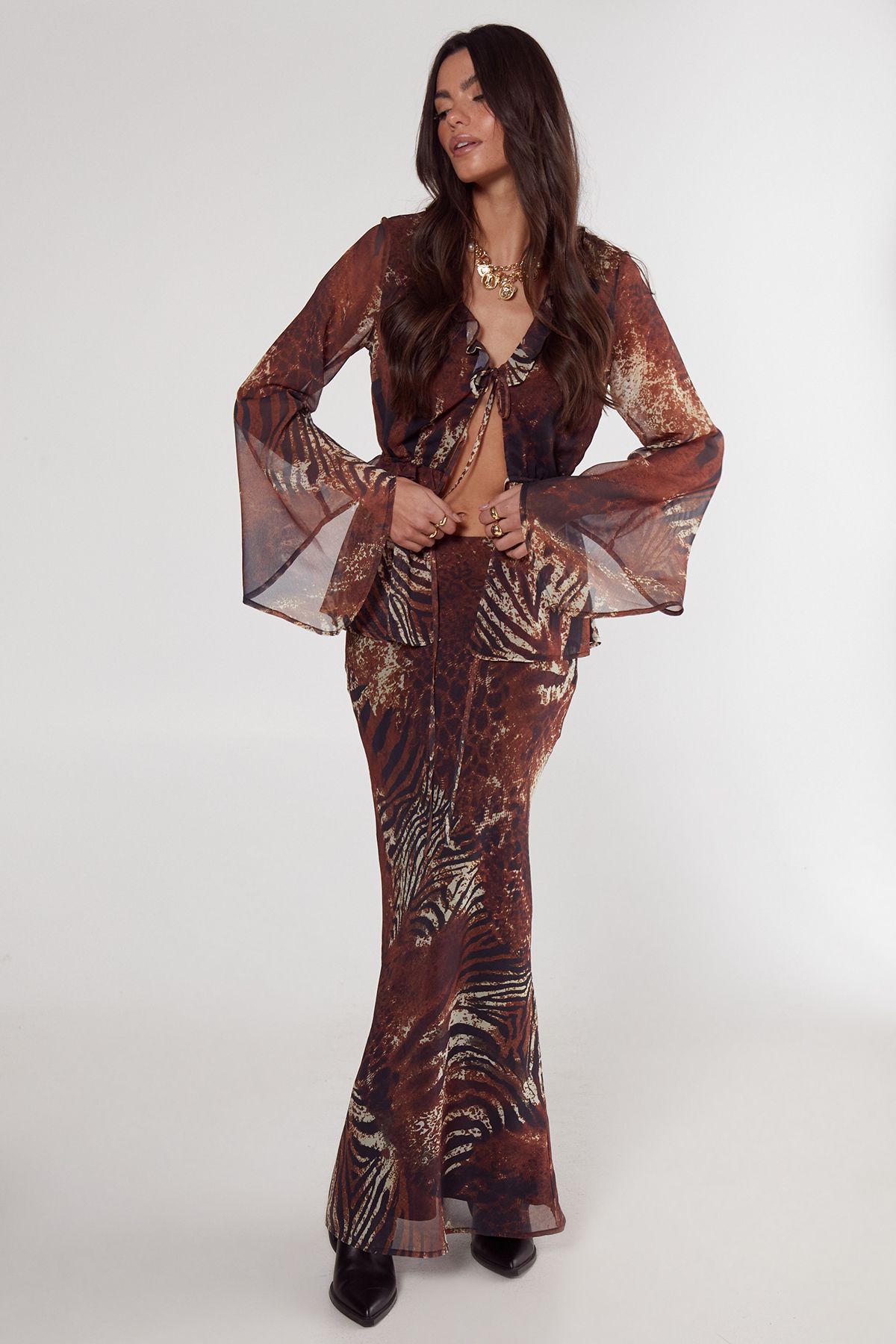 NastyGal Mixed Animal Crinkle Chiffon Ruffle Tie Front Blouse Tan image 2