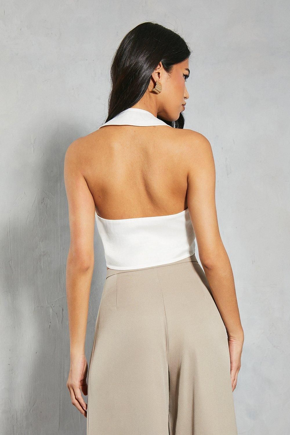 MissPap Textured Satin Halter Neck Top Ivory image 3