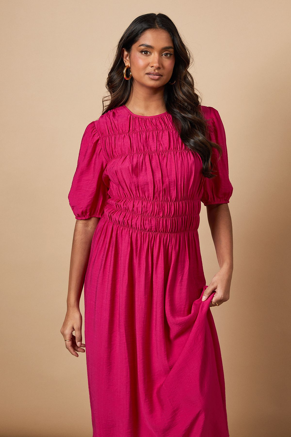 Oasis Shirred Bodice Puff Sleeve Midi Dress Pink image 5