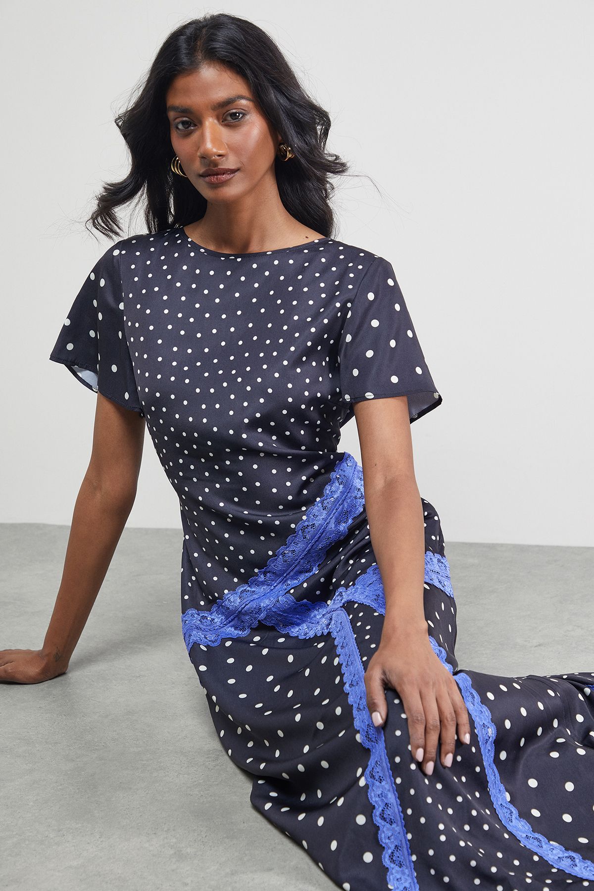 Warehouse Satin Lace Panelled Asymmetric Midi Dress Black image 2