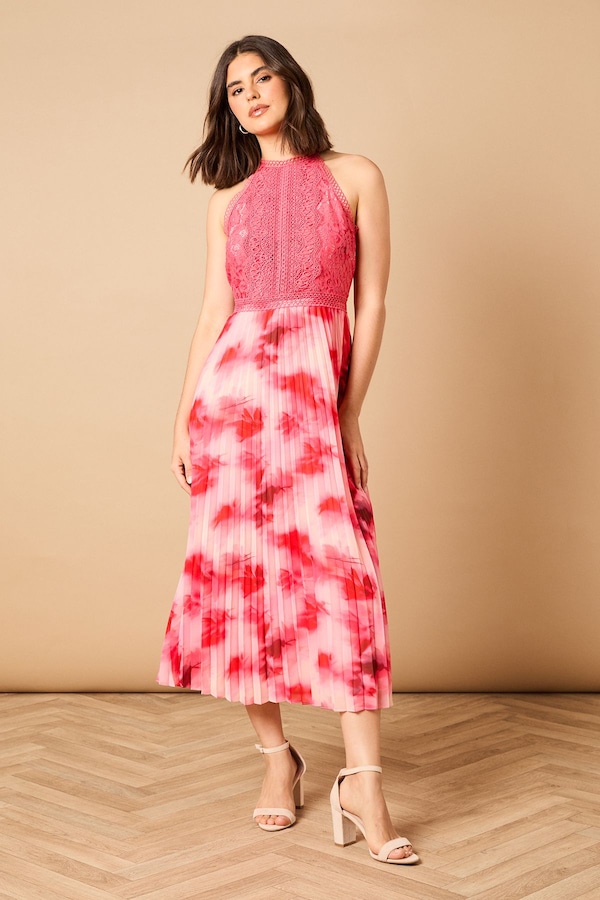 Oasis Printed Lace Mix Halterneck Midi Dress Multi