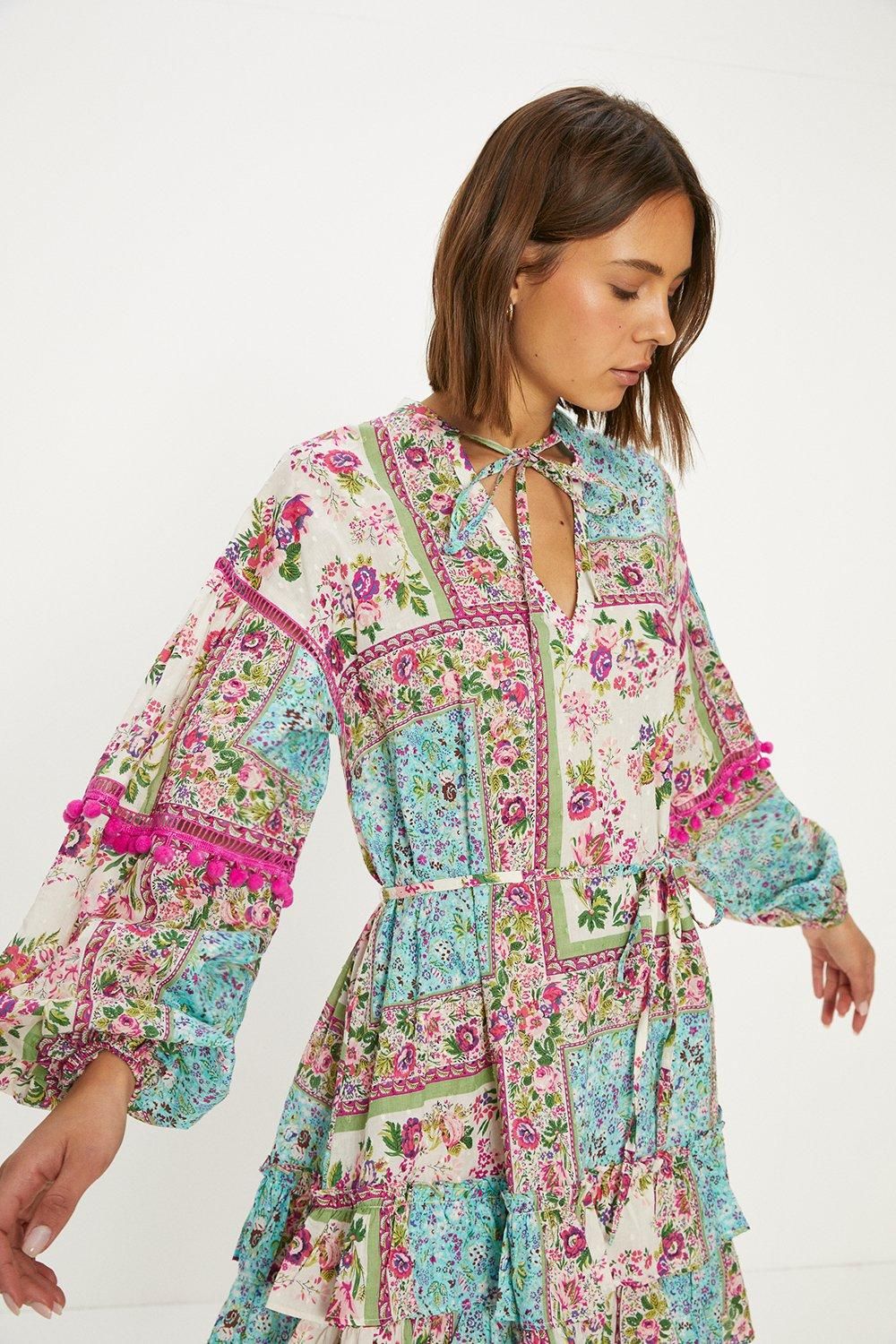 Oasis Printed Cotton Dobby Trim Detail Skater Dress Multi image 1