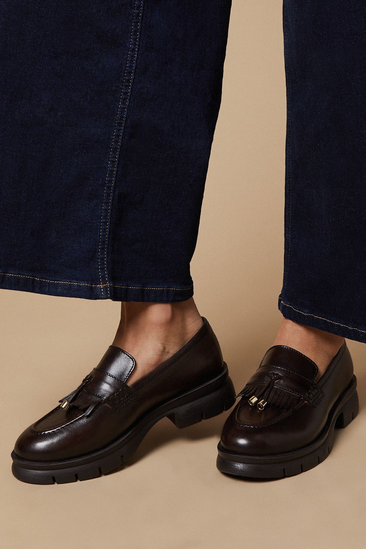 Oasis Brooke Real Leather Tassel Detail Chunky Loafers Chocolate image 2