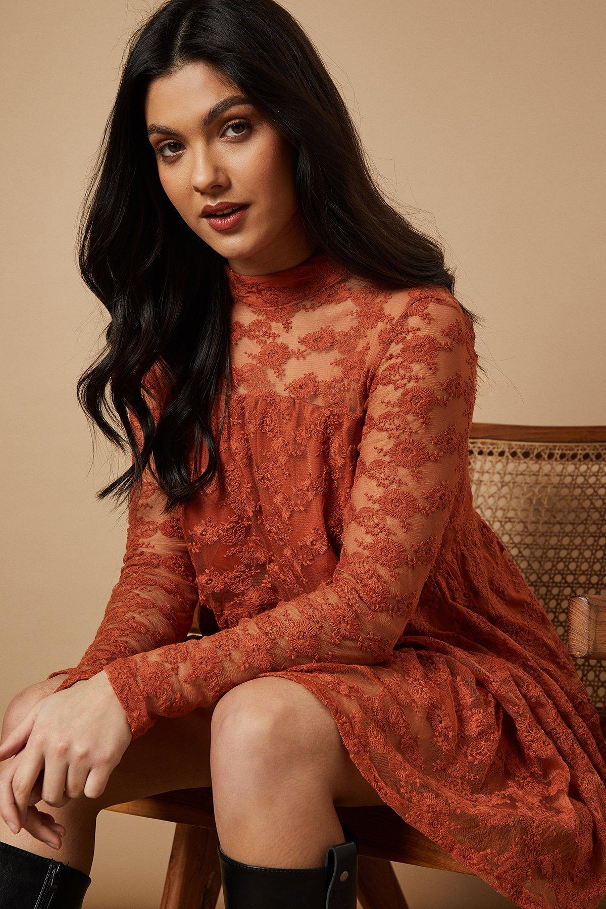 Warehouse Embroidered Mesh High Neck Tier Smock Mini Dress Rust image 2