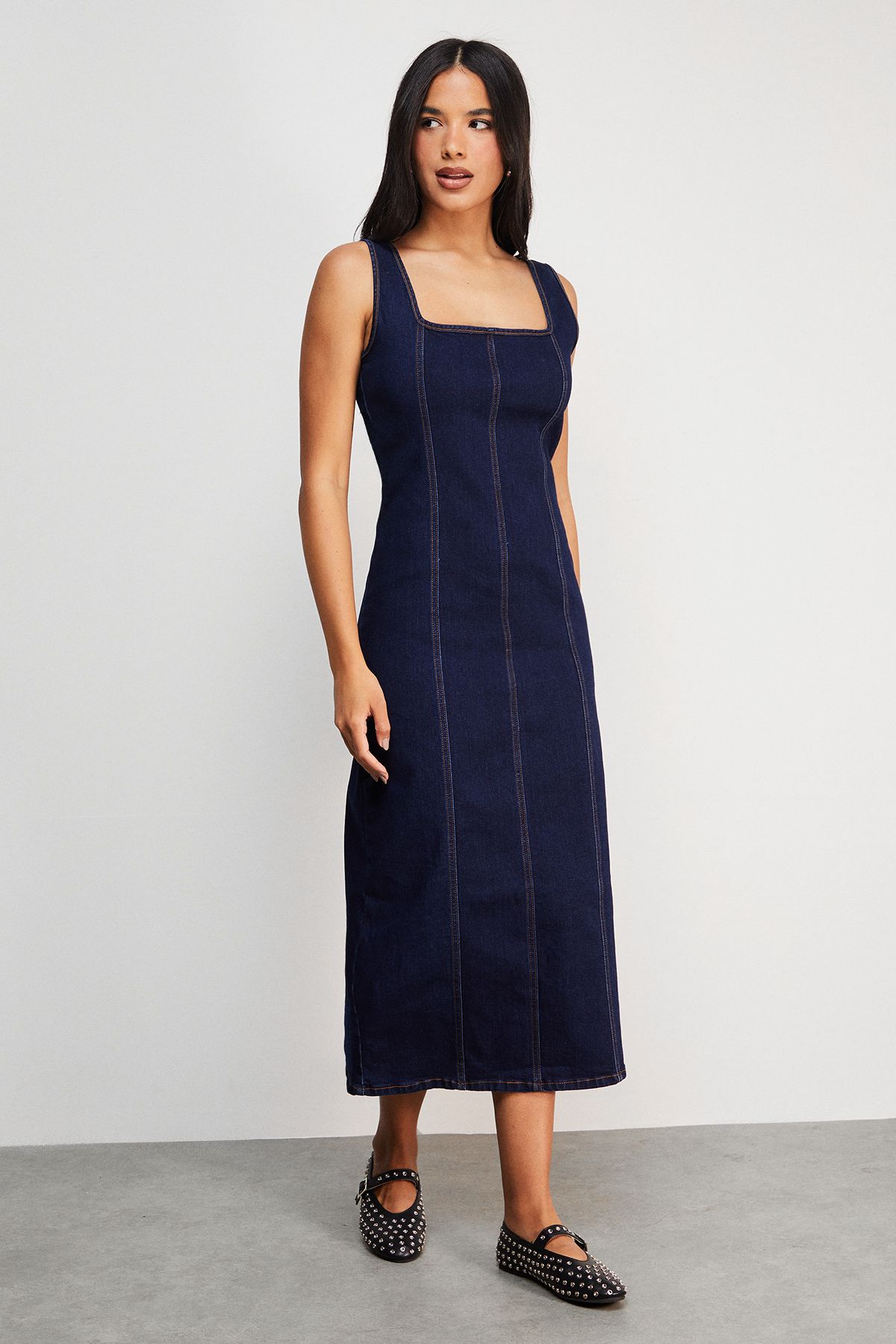 Warehouse Seam Detail Fitted Denim Midi Dress Indigo image 1