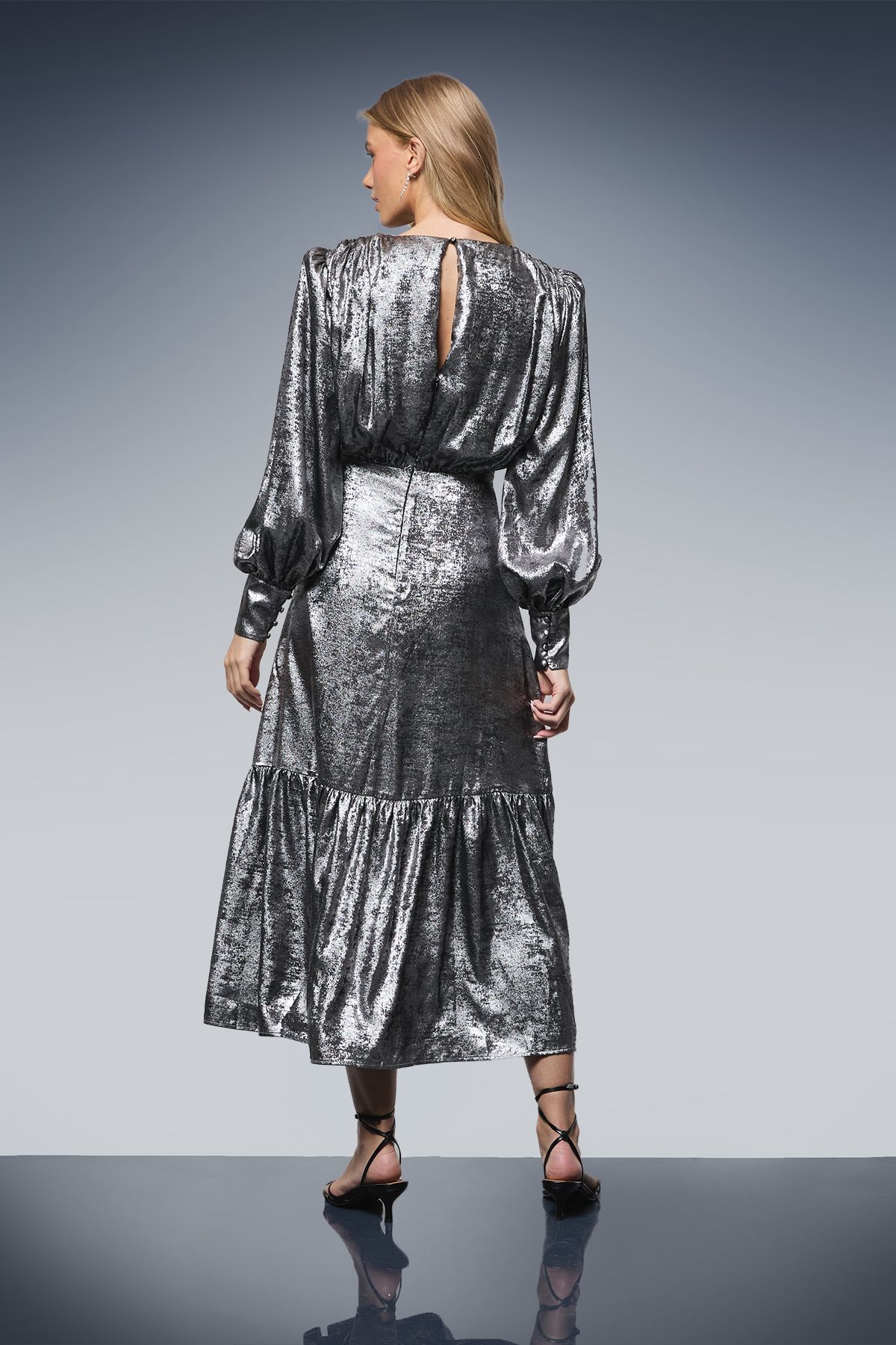 Oasis Lame Balloon Sleeve Midi Dress Silver image 3