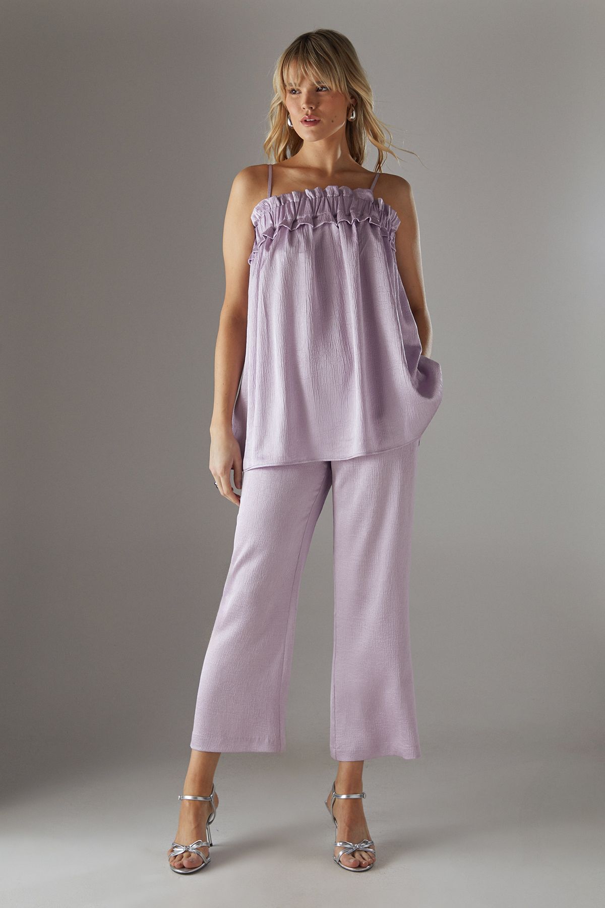 Warehouse Crushed Satin Kickflare Cropped Trousers Lilac