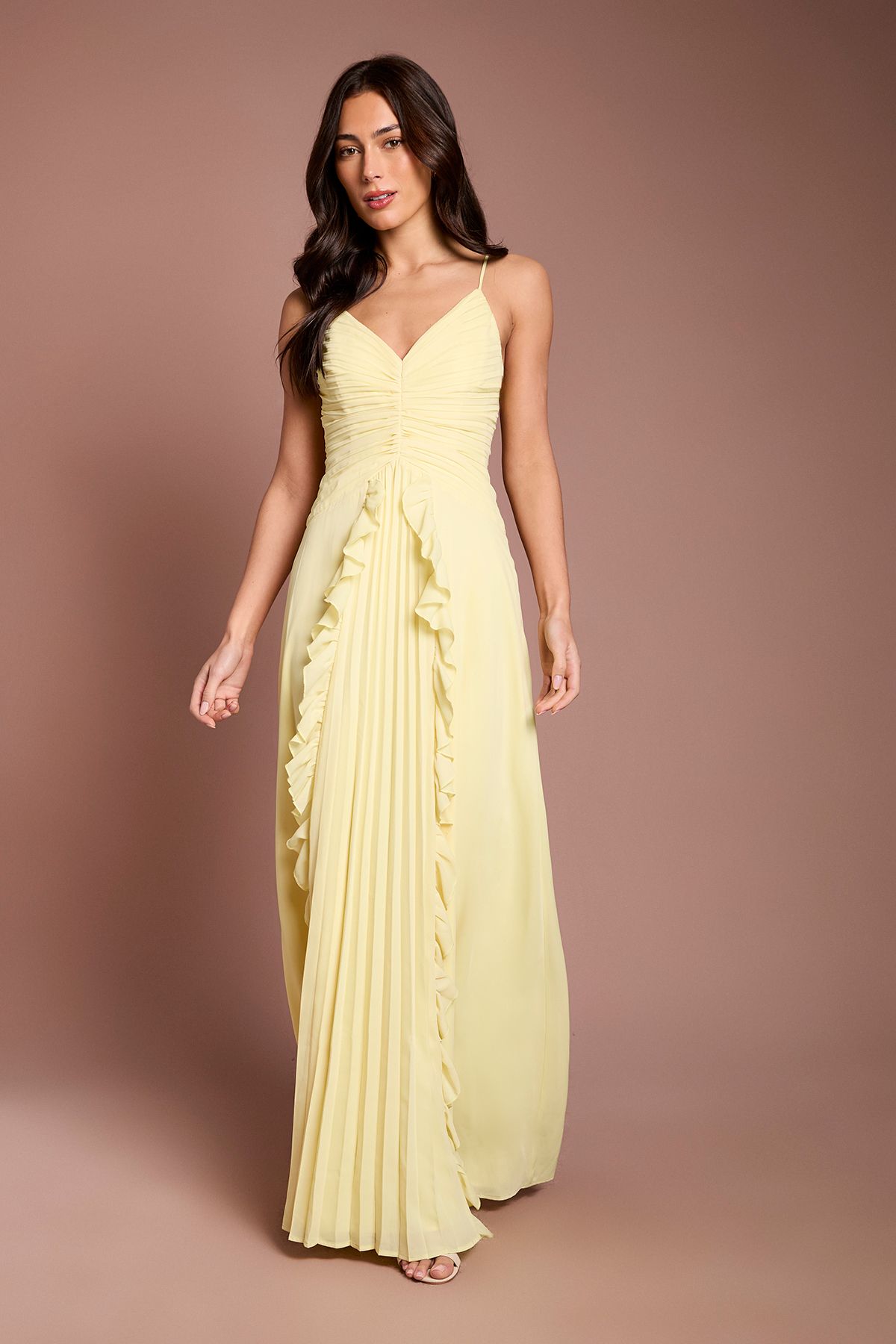 Coast Pleat Detail V Neck Bridesmaid Maxi Dress Lemon