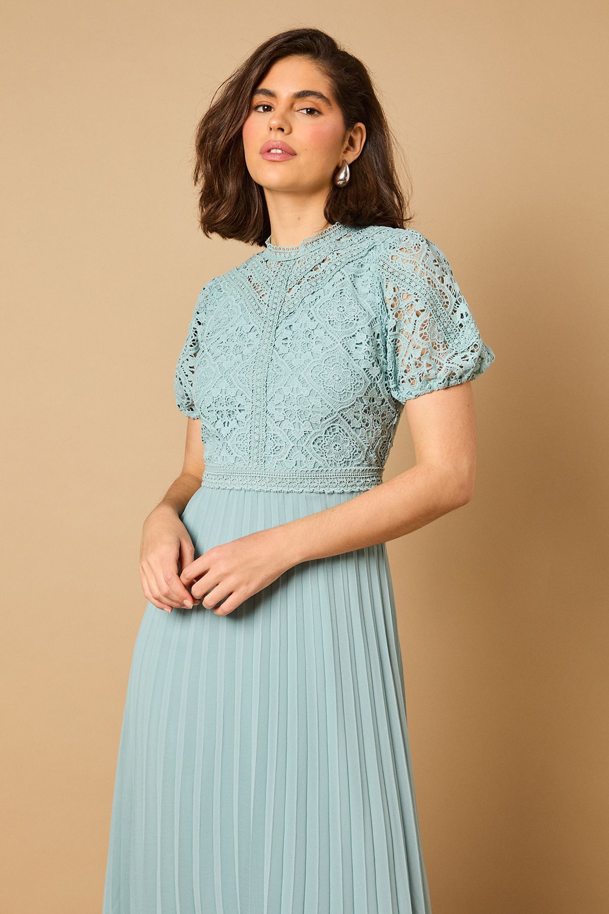 Oasis Lace Puff Sleeve Pleated Midi Dress Light Blue image 2