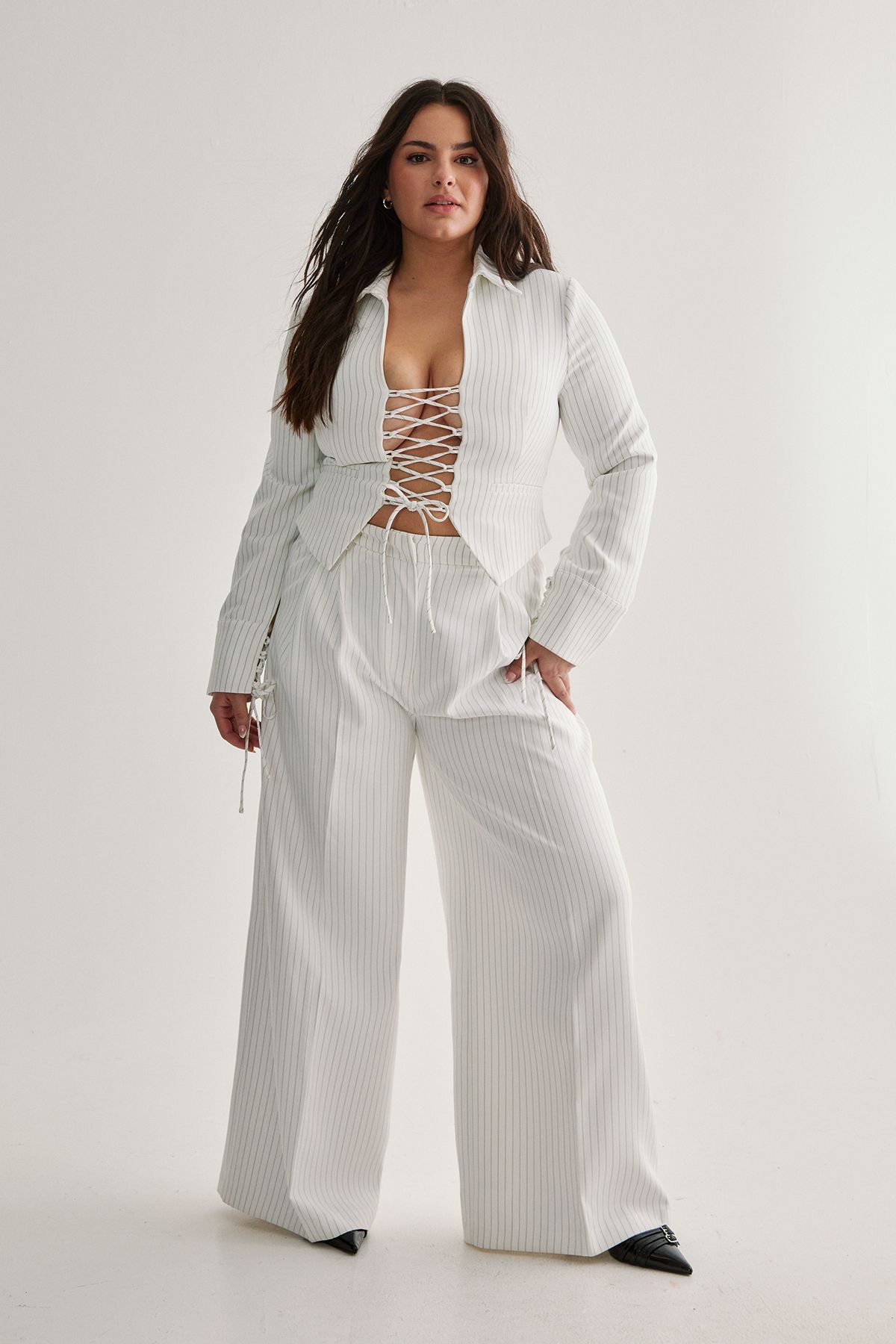 NastyGal Plus Tailored Pinstripe Trouser Ivory image 1